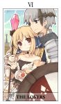  1boy 1girl 7010 absurdres bare_shoulders blonde_hair fez_(video_game) grey_hair highres smile tarot the_lovers 