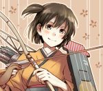  1girl archery arrow blush bow_(weapon) brown_eyes brown_hair flight_deck hiryuu_(kantai_collection) japanese_clothes kantai_collection kyuudou lowres personification portrait quiver ribbon short_hair side_ponytail single_glove skirt smile solo weapon yugake 