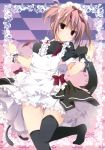  1girl =&lt; absurdres black_legwear cat checkered_ceiling dress highres inugami_kira maid pink_hair solo thighhighs two_side_up violet_eyes wrist_cuffs 