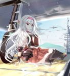  1girl airplane black_legwear blue_sky blush boots clouds flight_deck hairband island japanese_clothes kantai_collection long_hair muneate ocean personification red_eyes ribbon shoukaku_(aircraft_carrier) shoukaku_(kantai_collection) silver_hair sitting skirt sky smile thigh_boots thighhighs wedtaro white_hair 