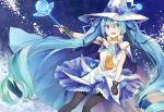  1girl aqua_eyes aqua_hair cape fingerless_gloves gloves hair_ribbon hat hatsune_miku long_hair magical_girl moegi0926 open_mouth pantyhose ribbon skirt snowflakes solo twintails very_long_hair vocaloid wand witch_hat yuki_miku 