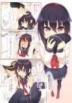  1boy 1girl admiral_(kantai_collection) akatsuki_(kantai_collection) black_hair black_legwear comic hat hat_removed headwear_removed iku_ki kantai_collection long_hair pantyhose petting school_uniform serafuku translation_request 