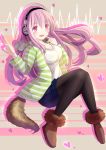  1girl absurdres black_legwear boots breasts fake_tail headphones highres hoodie large_breasts long_hair nitroplus open_mouth pink_eyes pink_hair solo super_sonico 