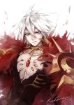  1boy armor blue_eyes cape collar eyeliner fate/apocrypha fate_(series) fur_trim lancer_of_red makeup pale_skin solo white_hair zaphylla 