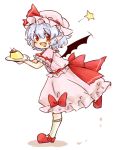  1girl bat_wings blue_hair cherry dress fang flapping food fruit hat hat_ribbon looking_at_viewer maru_usagi mob_cap open_mouth pink_dress plate pudding puffy_sleeves red_eyes remilia_scarlet ribbon sash short_sleeves simple_background smile solo star touhou whipped_cream white_background wings 