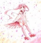  1girl hatsune_miku long_hair open_mouth petals pink_eyes pink_hair sailor_dress sakura_miku solo striped striped_legwear thighhighs twintails vertical-striped_legwear vertical_stripes vocaloid yukamameko 