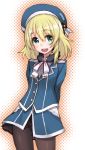  1girl atago_(kantai_collection) black_legwear blonde_hair green_eyes hat kantai_collection looking_at_viewer matsuryuu military military_uniform open_mouth pantyhose smile solo uniform young 