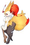  1girl ahoge animal_ears bespectacled braixen breasts furry glasses highres no_nipples nude pokemon pokemon_(creature) red-framed_glasses red_eyes round_glasses slugbox solo stick tail thick_thighs thighs 