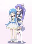  2girls animal_slippers blue_eyes blue_hair bunny_slippers cure_fortune dress drowsy earrings happinesscharge_precure! highres hikawa_iona jewelry long_hair magical_girl multiple_girls precure purple_hair ribbon_(happinesscharge_precure!) shirayuki_hime slippers smile star star_earrings sunyukun thighhighs violet_eyes zettai_ryouiki 