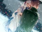  1boy 1girl brown_hair dress hand_on_another&#039;s_cheek hand_on_another&#039;s_face kagerou_project kozakura_mary long_hair popopoponko red_eyes seto_kousuke short_hair silver_hair smile snow snowing umbrella 