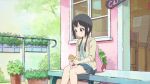  1girl aiura animated animated_gif backpack bag bare_legs black_eyes black_hair chewing covering_mouth eating food hoodie lowres screencap sitting skirt sleeves_rolled_up solo surprised taiyaki twintails uehara_ayuko wagashi 
