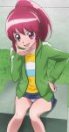  1girl aino_megumi hand_on_hip happinesscharge_precure! haruyama_kazunori panties pink_eyes ponytail precure redhead sitting skirt smile solo underwear white_panties 