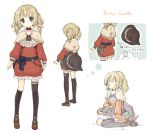  1girl 7010 blonde_hair blue_eyes blush character_sheet closed_eyes looking_at_viewer short_hair simple_background single_thighhigh smile solo thighhighs white_background 