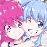  2girls aino_megumi blue_eyes blue_hair cheek-to-cheek crown cure_lovely cure_princess earrings grin happinesscharge_precure! jewelry magical_girl multiple_girls pink_eyes pink_hair portrait precure shirayuki_hime smile takesyun wink 