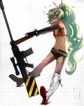  &gt;_&lt; 1girl alternate_hairstyle anti-materiel_rifle belt bikini_top boots cosplay dragging flat_chest gloves gun hair_ornament heavy long_hair masashi_(excellent) multicolored_hair navel nia_teppelin ponytail rifle scarf short_shorts shorts sketch skull_hair_ornament sniper_rifle solo tengen_toppa_gurren_lagann thigh-highs two-tone_hair weapon yoko_littner yoko_littner_(cosplay) 