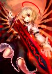  1girl blonde_hair ex-rumia hair_ribbon halo highres open_mouth outstretched_arm red_eyes ribbon rumia short_hair skirt solo spark621 sword touhou weapon wings 