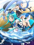  2girls \m/ bare_shoulders blue_eyes blue_hair c-moon color_connection cure_marine cure_princess dress grin happinesscharge_precure! heartcatch_precure! kurumi_erika long_hair magical_girl multiple_girls precure shirayuki_hime smile sweatdrop twintails water 