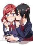  2girls black_hair blush bow cellphone cheek_kiss closed_eyes kiss looking_at_viewer love_live!_school_idol_project multiple_girls nishikino_maki phone redhead school_uniform short_hair skirt smartphone tetsujin_momoko twintails violet_eyes yazawa_nico yuri 