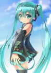  1girl clouds detached_sleeves green_eyes green_hair hatsune_miku headphones long_hair matokechi necktie skirt sky smile solo thighhighs twintails very_long_hair vocaloid 