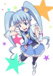  1girl blue_eyes blue_hair boots crown cure_princess happinesscharge_precure! heart long_hair magical_girl open_mouth precure sange_taisuke_emon shirayuki_hime smile solo star thighhighs twintails 