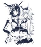  2girls alternate_hairstyle artist_request bare_shoulders black_hair blush breasts elbow_gloves gloves hairband hand_on_another&#039;s_hip headgear kantai_collection long_hair looking_at_viewer midriff monochrome multiple_girls mutsu_(kantai_collection) nagato_(kantai_collection) navel personification short_hair simple_background sketch skirt smile white_background 