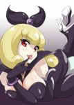  1girl blonde_hair breasts cleavage detached_sleeves dress hair_ribbon happinesscharge_precure! high_heels large_breasts lips lying misu_kasumi on_stomach precure queen_mirage red_eyes ribbon short_hair solo tongue tongue_out 