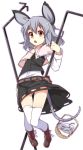  1girl animal_ears basket blush boots brown_eyes capelet dowsing_rod grey_hair highres jewelry mouse mouse_ears mouse_tail nazrin panties pantyshot pendant shamo_(koumakantv) short_hair simple_background solo tail thighhighs touhou underwear white_background white_legwear 