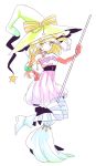  1girl blonde_hair braid broom gloves hand_on_hip hat hinabu kirisame_marisa long_hair looking_at_viewer simple_background solo star striped striped_legwear touhou white_background witch_hat 