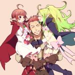  1boy 2girls :o ^_^ ahoge bangs bikini_top blunt_bangs blush boots bow braid brown_gloves cape carrying circlet closed_eyes dragon_girl dress family father_and_daughter fingernails fire_emblem fire_emblem:_kakusei flat_chest frills garter_belt gloves green_hair grego guttary heart holding_hands husband_and_wife long_hair long_sleeves midriff mother_and_daughter multiple_girls navel nintendo nn_(fire_emblem) nowi_(fire_emblem) open_mouth parted_bangs pink_legwear pointy_ears ponytail profile purple_gloves redhead short_shorts shorts sideways_mouth simple_background size_difference sleeveless sweat thighhighs twin_braids violet_eyes wavy_hair white_dress zettai_ryouiki 