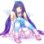  1girl angel_wings arm_warmers artist_request bare_shoulders breasts choker cleavage detached_sleeves drawfag eyelashes fingerless_gloves gloves hair_ornament hair_ribbon happy heart high_heels long_hair looking_at_viewer multicolored_hair panty_&amp;_stocking_with_garterbelt pink_hair purple_hair ribbon sandals simple_background sitting smile solo stocking_(psg) striped striped_legwear thighhighs thighs two-tone_hair white_background white_gloves wings 