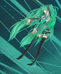  1girl absurdres ahoge azhi boots breasts detached_sleeves full_body green_hair hatsune_miku headphones headset highres long_hair musical_note nail_polish skirt solo thigh_boots thighhighs twintails very_long_hair vocaloid 