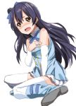  1girl bare_shoulders blue_hair blush boots brown_eyes dress embarrassed long_hair looking_at_viewer love_live!_school_idol_project open_mouth solo sonoda_umi tetsujin_momoko thighhighs white_legwear 