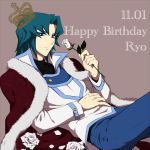  1boy blue_eyes blue_hair cape flower happy_birthday male marufuji_ryou momye rose school_uniform smile solo white_rose yuu-gi-ou yuu-gi-ou_gx 