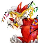  1girl blonde_hair bow flandre_scarlet flower hat hinabu long_hair red_eyes rose side_ponytail simple_background skull solo touhou white_background wings 