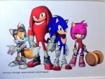  1girl 3boys amy_rose bandages concept_art fox_tail goggles goggles_on_head green_eyes knuckles_the_echidna mallet miles_prower multiple_boys multiple_tails official_art pink_hair scarf sega shoes sonic sonic_boom_(game) sonic_the_hedgehog tail 