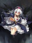  1girl breasts cleavage dress feathers flower frills frown gothic_lolita hairband lolita_fashion lolita_hairband long_hair orokanahime red_eyes rose rozen_maiden silver_hair solo suigintou sword weapon wings 