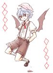  1girl alternate_costume bat_wings blue_hair hat leather_pants light_smile looking_at_viewer maru_usagi pointy_ears puffy_sleeves red_eyes remilia_scarlet shirt short_sleeves shorts simple_background solo suspenders touhou white_background wings 