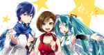  1boy 2girls aqua_hair blue_eyes blue_hair brown_eyes brown_hair detached_sleeves green_eyes hatsune_miku headset kaito long_hair meiko microphone multiple_girls nail_polish necktie open_mouth outstretched_arm scarf short_hair smile star twintails vocaloid wink 