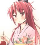  1girl bust candy_apple hair_ribbon japanese_clothes kimono long_hair mahou_shoujo_madoka_magica ponytail ran_(9ens2000) red_eyes redhead ribbon sakura_kyouko smile solo yukata 