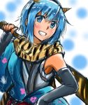  1girl blue_eyes blue_hair club duralu500 elbow_gloves fake_horns fingerless_gloves gloves grin horns japanese_clothes mahou_shoujo_madoka_magica miki_sayaka scarf short_hair smile solo tiger_print weapon 