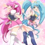  2girls :d aino_megumi ass blue_legwear boots crown cure_lovely cure_princess earrings hair_ornament happinesscharge_precure! heart holding_hands jewelry long_hair magical_girl misu_kasumi multiple_girls open_mouth ponytail precure puffy_sleeves shirayuki_hime skirt smile sparkle thigh_boots thighhighs twintails very_long_hair white_legwear wrist_cuffs 