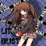  1boy brown_eyes brown_hair bullpup crossdressinging gun jiang-ge little_busters!! long_hair naoe_riki p90 paw_print school_uniform submachine_gun trap twintails weapon 