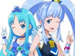 2girls blue_hair bow choker color_connection crown cure_marine cure_princess earrings gloves happinesscharge_precure! heartcatch_precure! jewelry kurumi_erika locked_arms long_hair magical_girl multiple_girls necktie needlebomb precure shirayuki_hime twintails 
