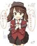  1girl brown_eyes brown_hair character_request hat kantai_collection looking_at_viewer lowres mashayuki open_mouth simple_background skirt smile solo translation_request white_background 