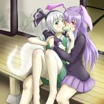  2girls animal_ears blazer deck food green_eyes hairband highres holding_hands interlocked_fingers konpaku_youmu konpaku_youmu_(ghost) lavender_hair long_legs microskirt multiple_girls rabbit_ears rabinidaddo red_eyes reisen_udongein_inaba shared_food short_hair silver_hair skirt sliding_doors touhou yuri 