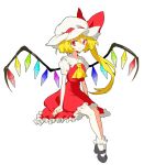  1girl ascot blonde_hair flandre_scarlet hat hinabu long_hair looking_at_viewer red_eyes side_ponytail simple_background smile solo touhou white_background wings 