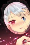  1girl blue_eyes blush earrings fingers hair_ornament hairclip hand_on_own_cheek hand_on_own_face heterochromia holding iri_flina jewelry lowres makl mirror nail_polish open_mouth red_eyes reflection short_hair silver_hair solo sword_girls tearing_up tears 
