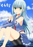  1girl aoki_hagane_no_arpeggio bike_shorts blue_eyes blue_hair blue_sky blush clouds detached_sleeves green_eyes highres iona ju_(old505) long_hair ocean personification popsicle shorts_under_skirt silver_hair skirt sky solo water 