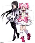  2girls akemi_homura black_hair bow bubble_skirt choker fujimoto_hideaki full_body gloves hair_ribbon hairband kaname_madoka kneehighs long_hair magical_girl mahou_shoujo_madoka_magica multiple_girls neck_ribbon pantyhose pink_eyes pink_hair puffy_short_sleeves puffy_sleeves ribbon short_hair short_sleeves short_twintails skirt smile twintails violet_eyes white_gloves white_legwear 