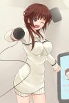  1girl amagami blush breasts brown_eyes brown_hair ganganganso highres karaoke large_breasts long_hair looking_at_viewer microphone open_mouth sakurai_rihoko simple_background speaker sweater_dress wink 